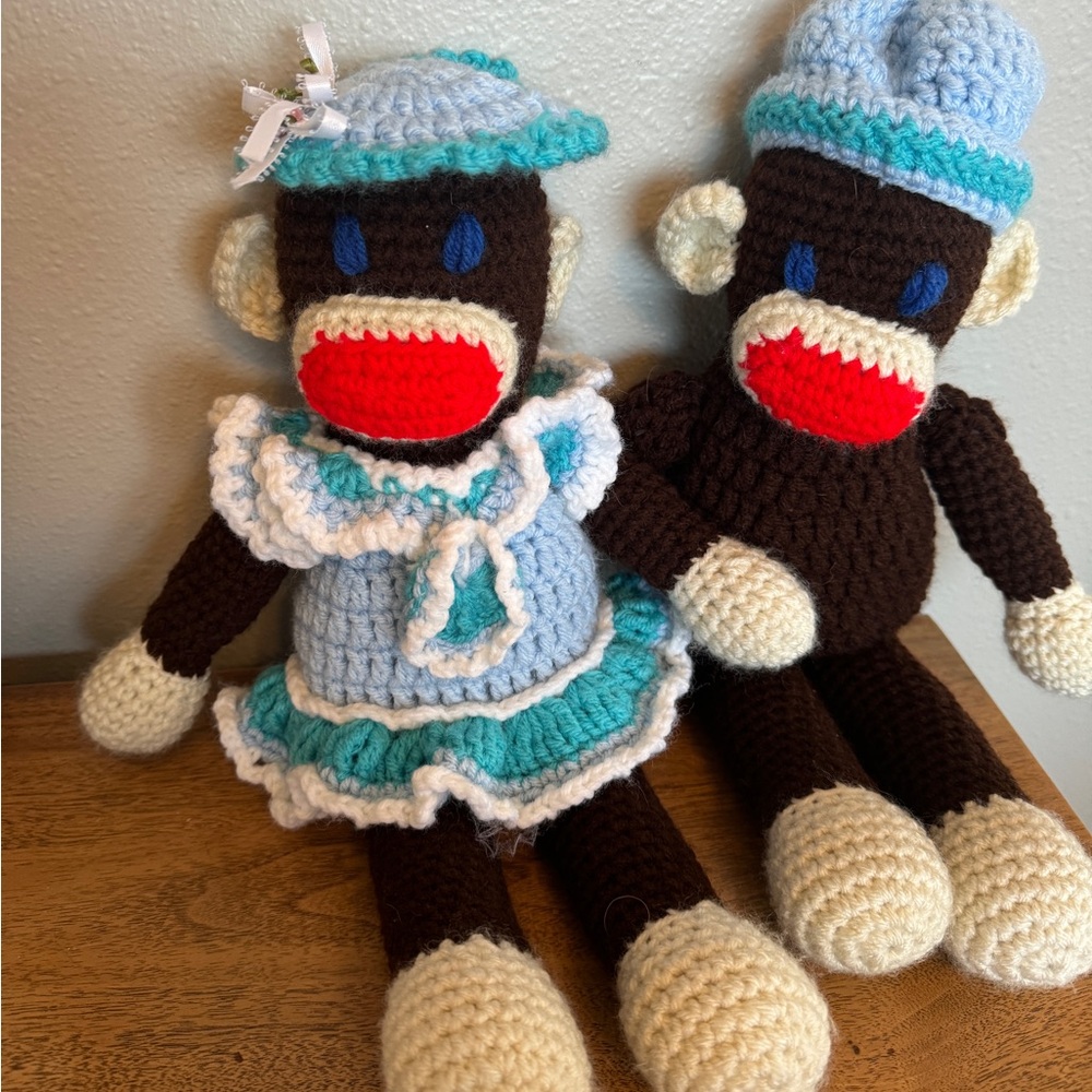 Handmade Crocheted Sock Monkeys | Boy & Girl Set | 12” Plush Dolls